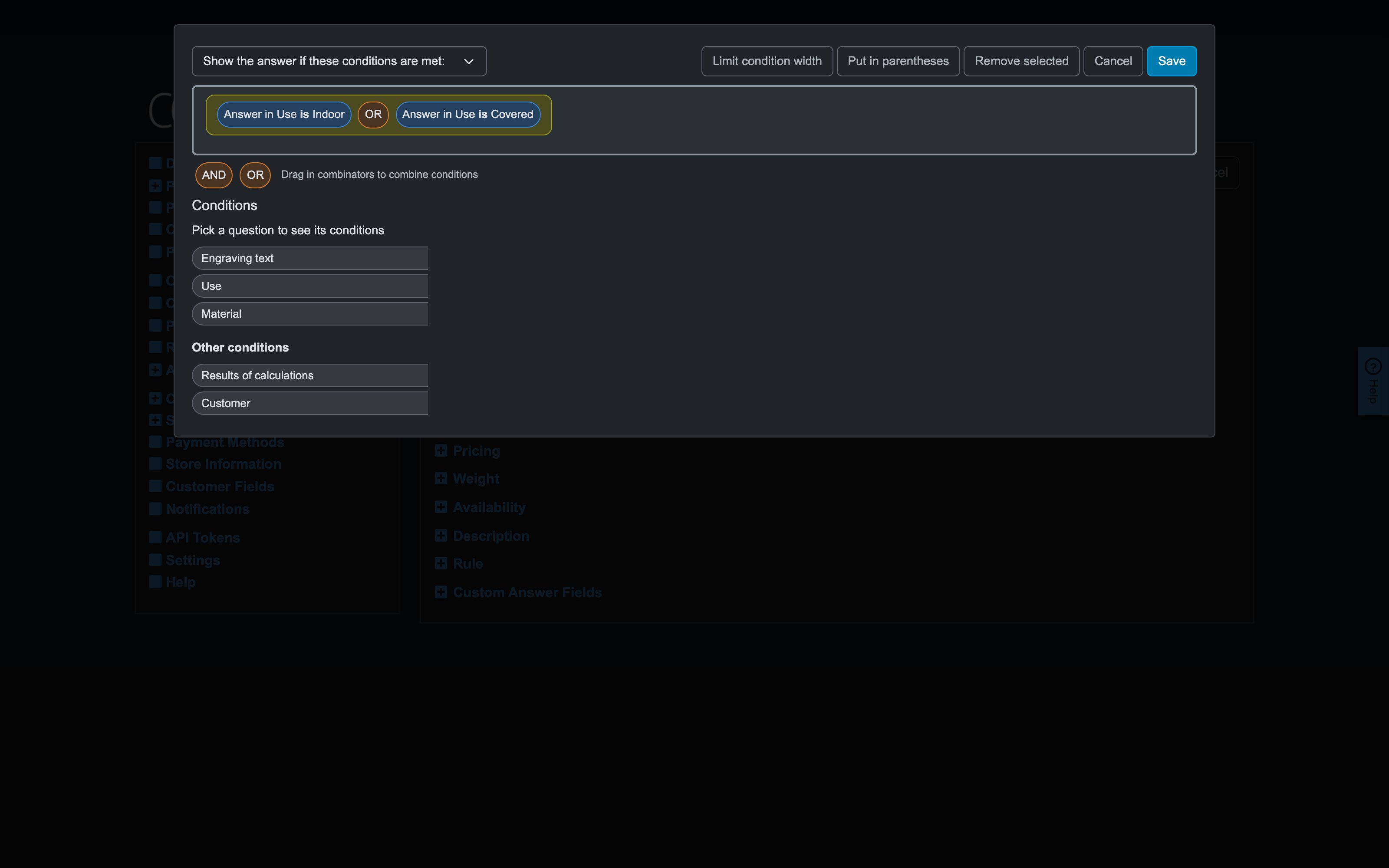 Recipe 3 on the "Steel" answer: show if "Use" is "Indoor" OR "Covered" — one bracket, one OR