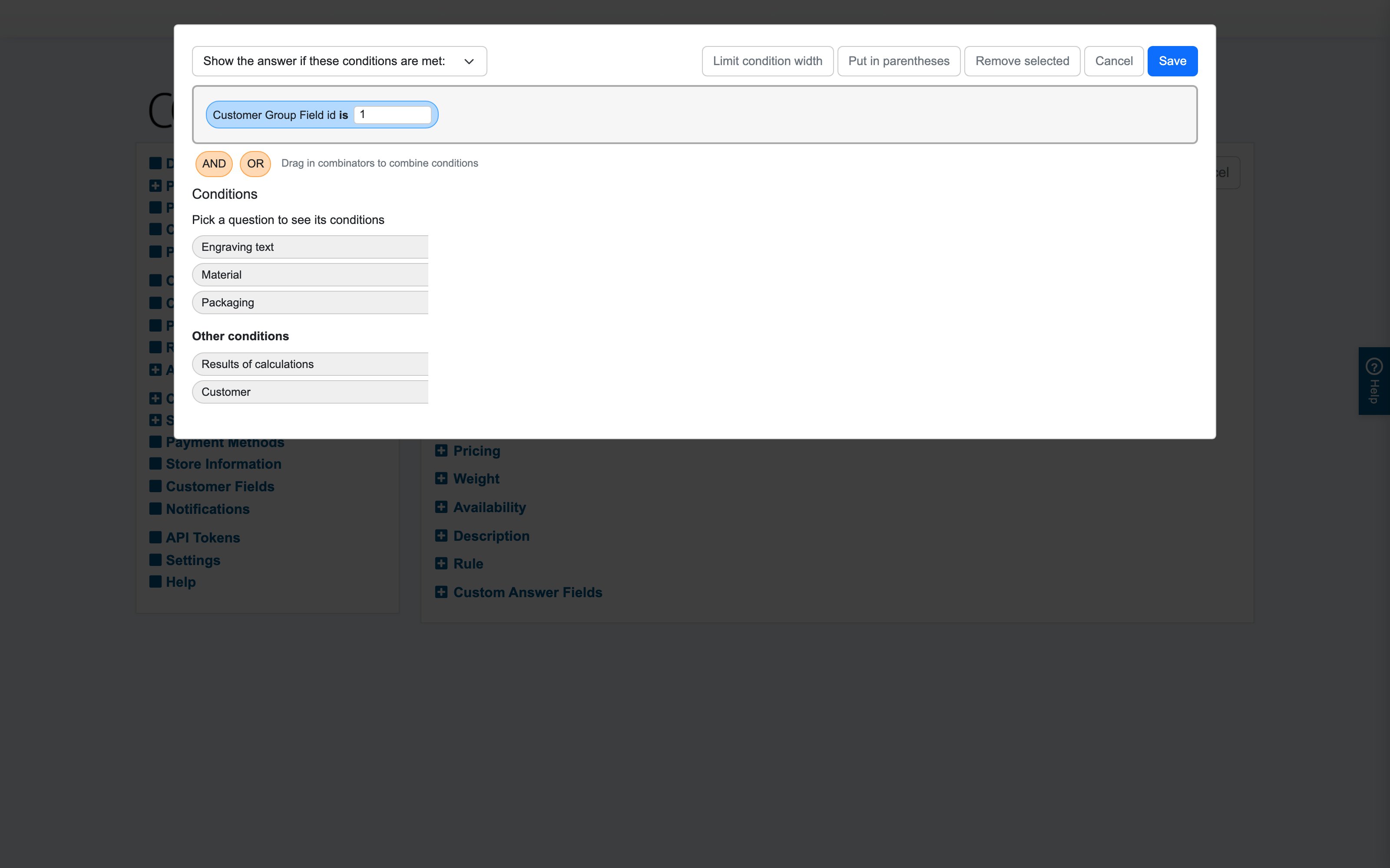 Recipe 5 on the "Bulk packaging" answer: a Customer-tab condition on the customer group