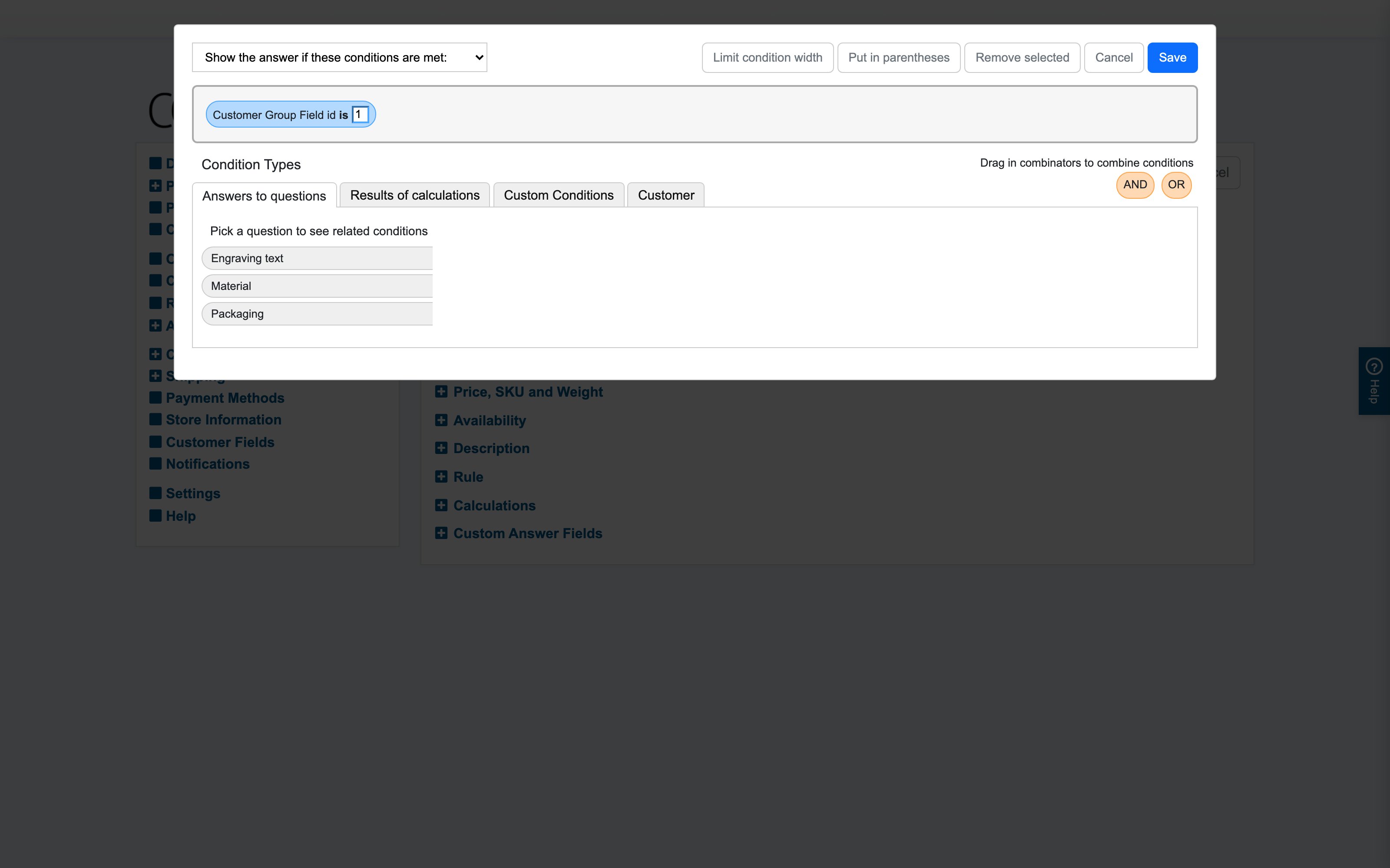 Recipe 5 on the "Bulk packaging" answer: a Customer-tab condition on the customer group