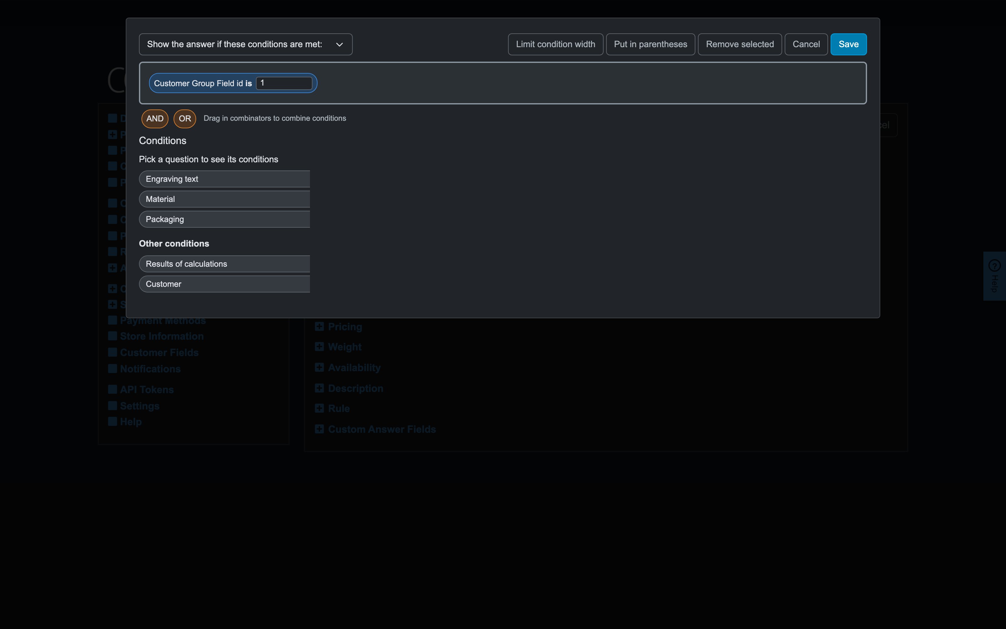 Recipe 5 on the "Bulk packaging" answer: a Customer-tab condition on the customer group