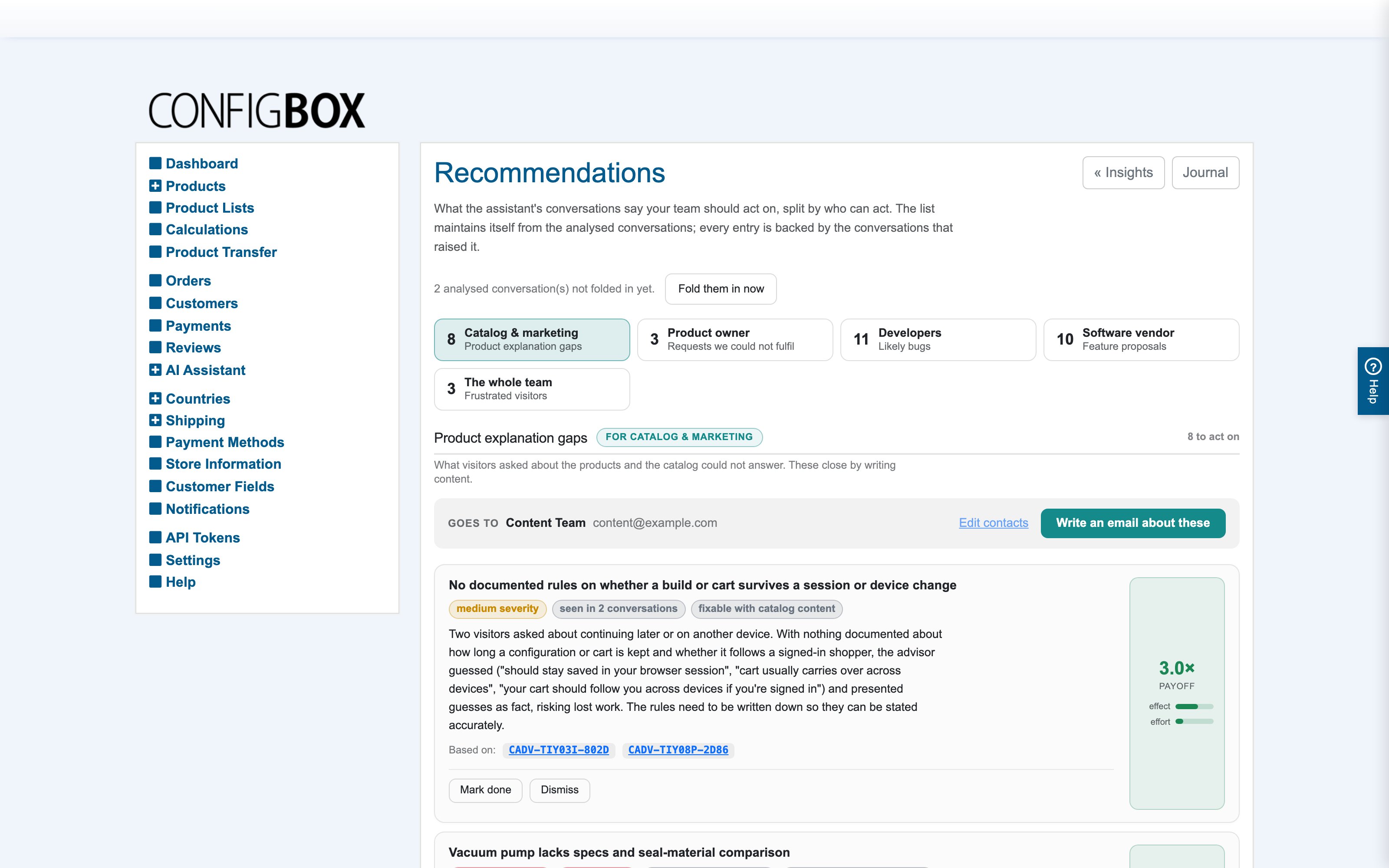 The Recommendations screen: groups, evidence and payoff
