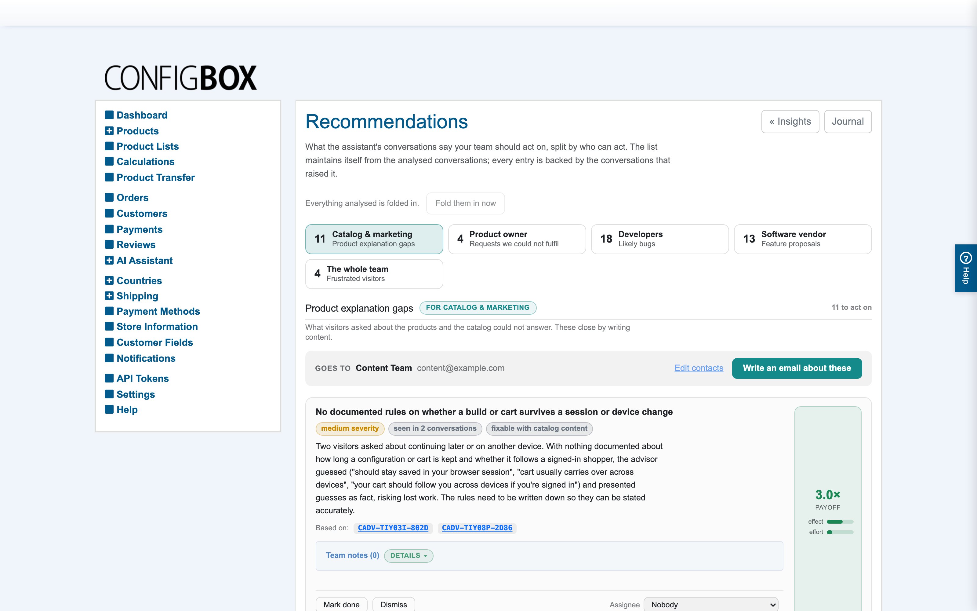 The Recommendations screen: groups, evidence and payoff