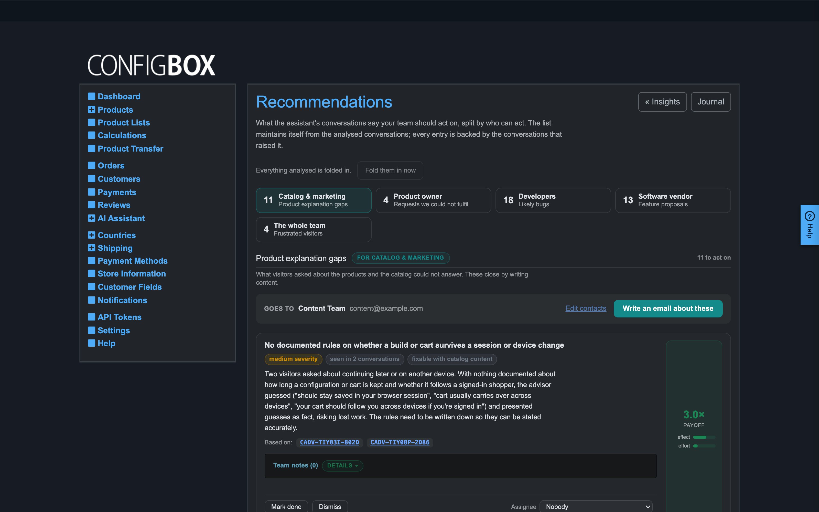 The Recommendations screen: groups, evidence and payoff