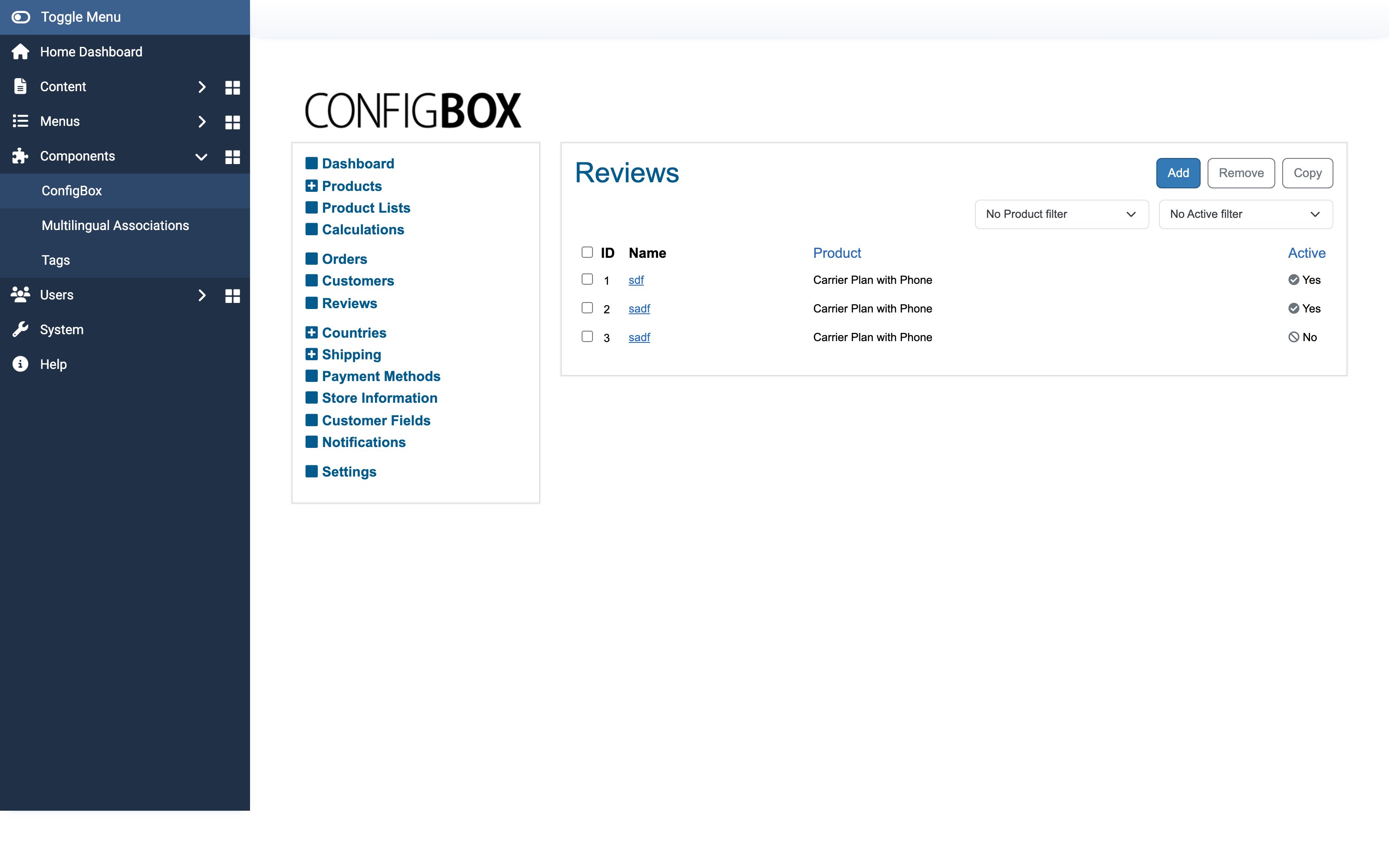 The Reviews list