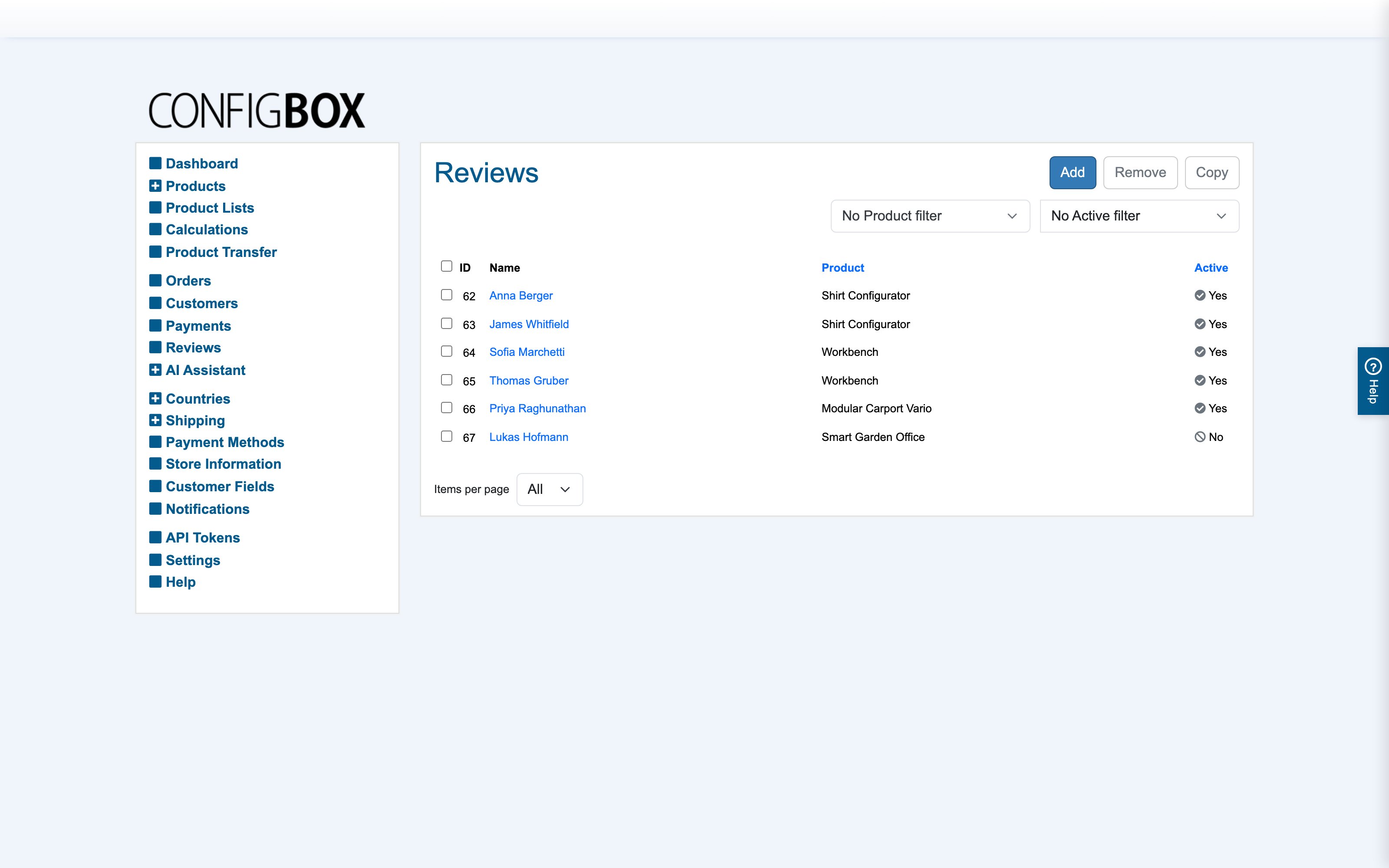 The Reviews list