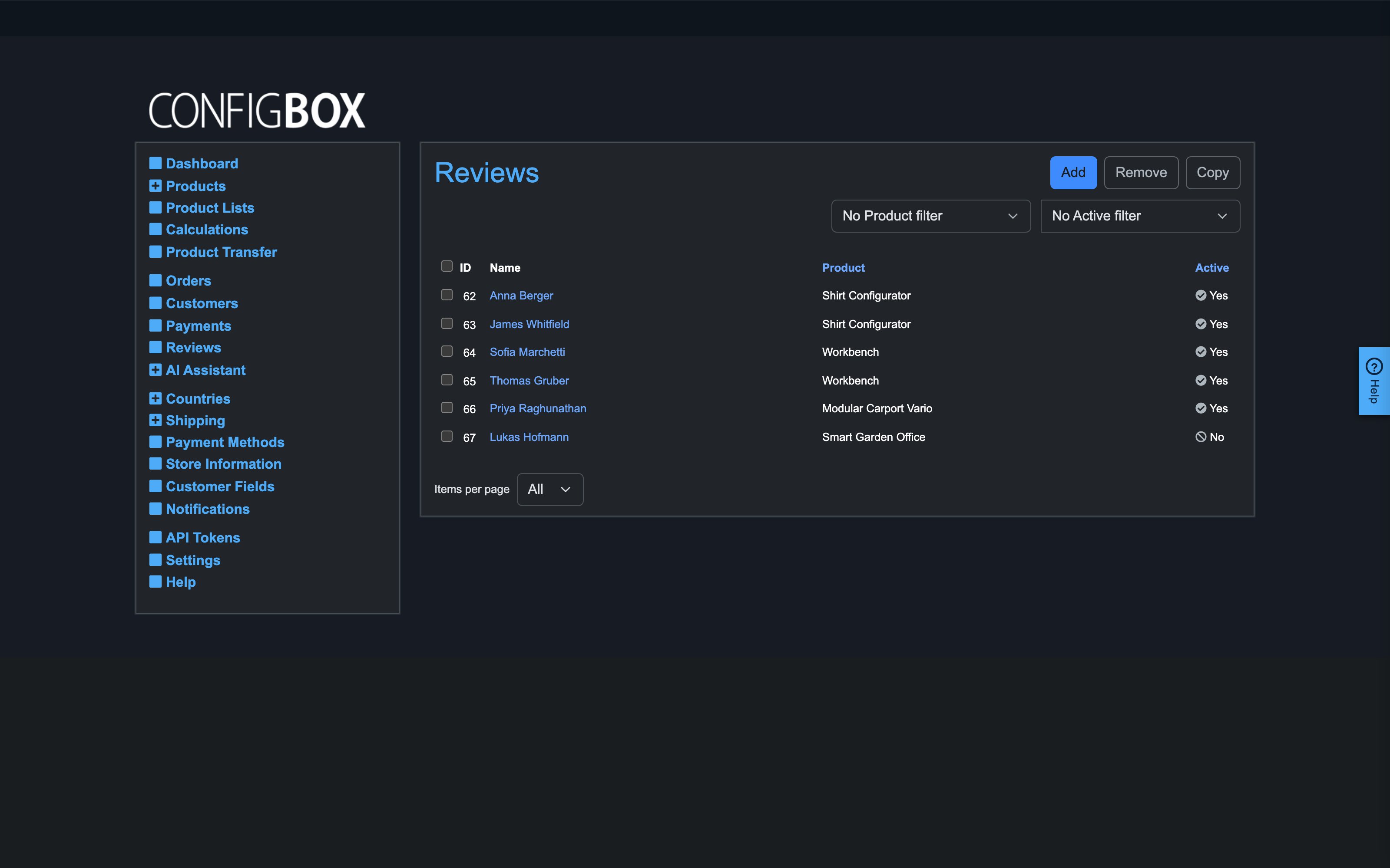 The Reviews list