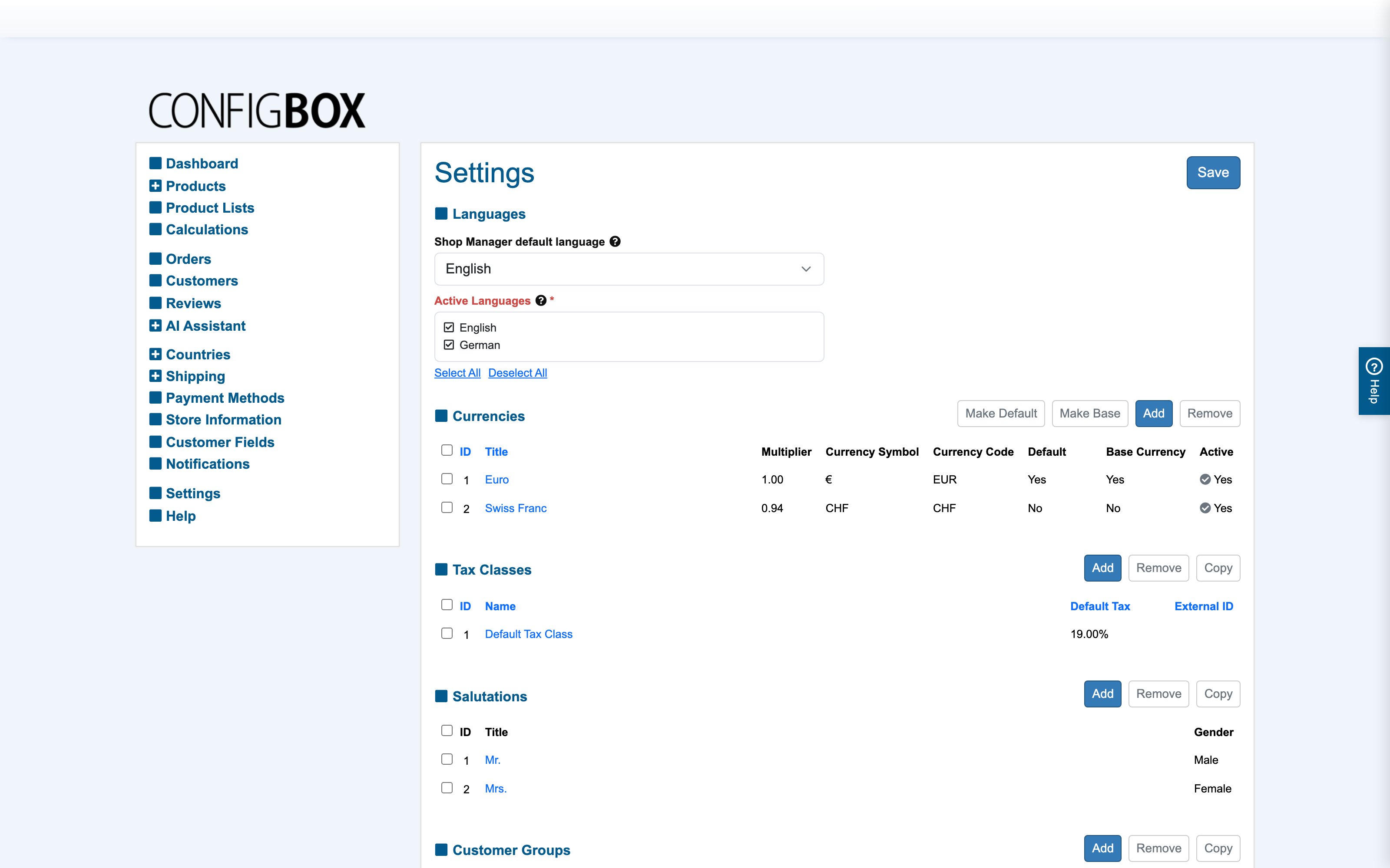 The Settings screen