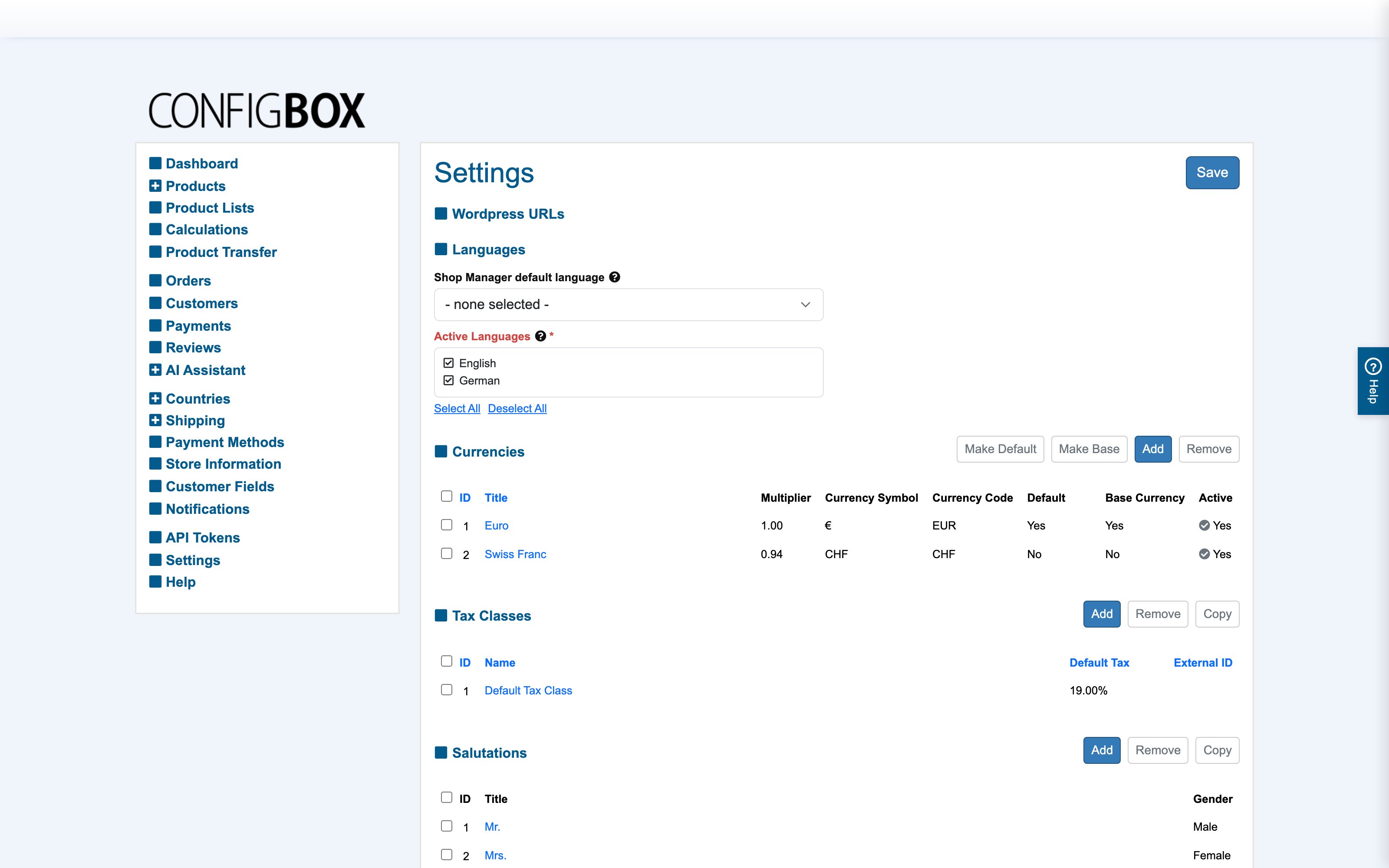 The Settings screen