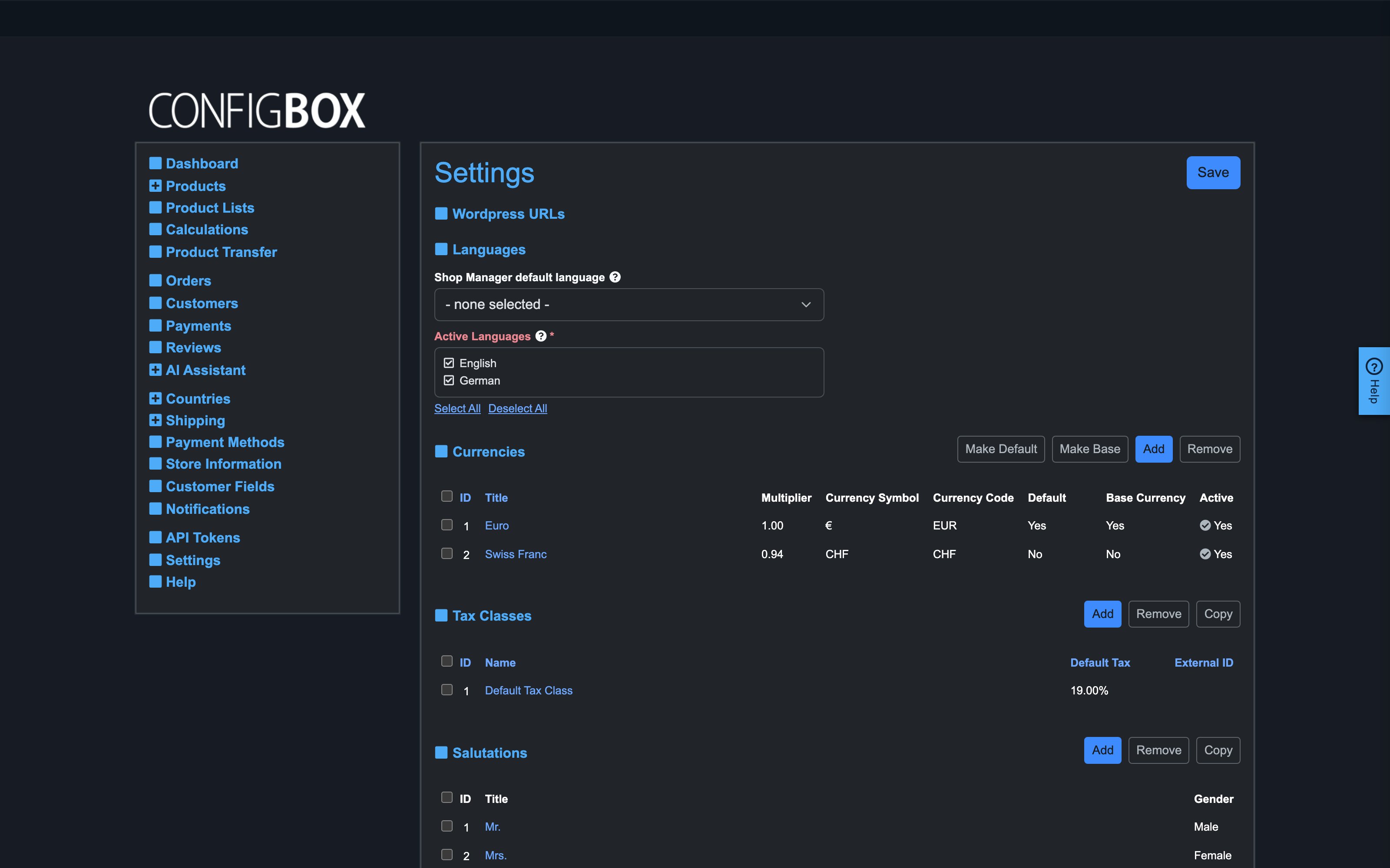 The Settings screen