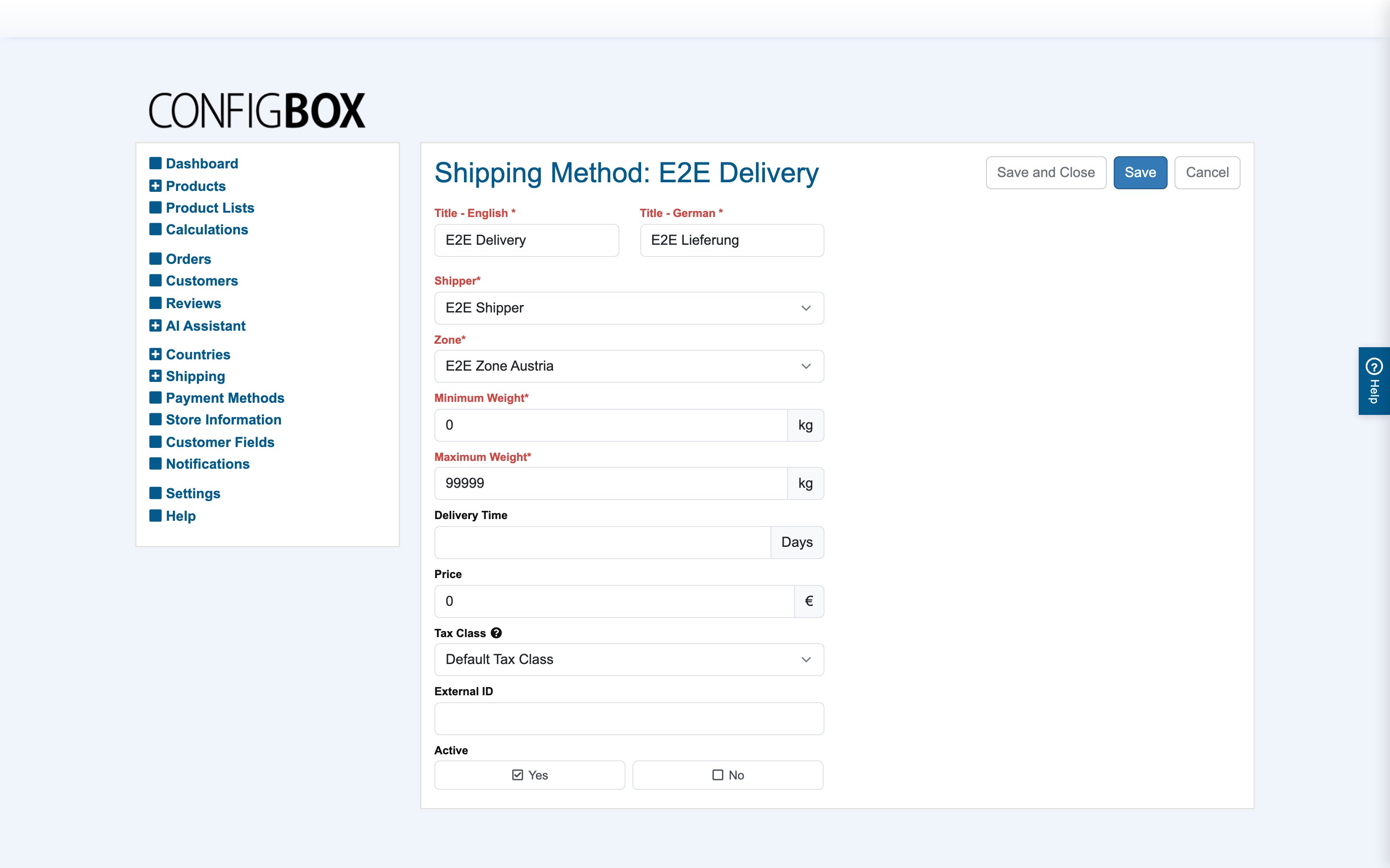 The shipping method form