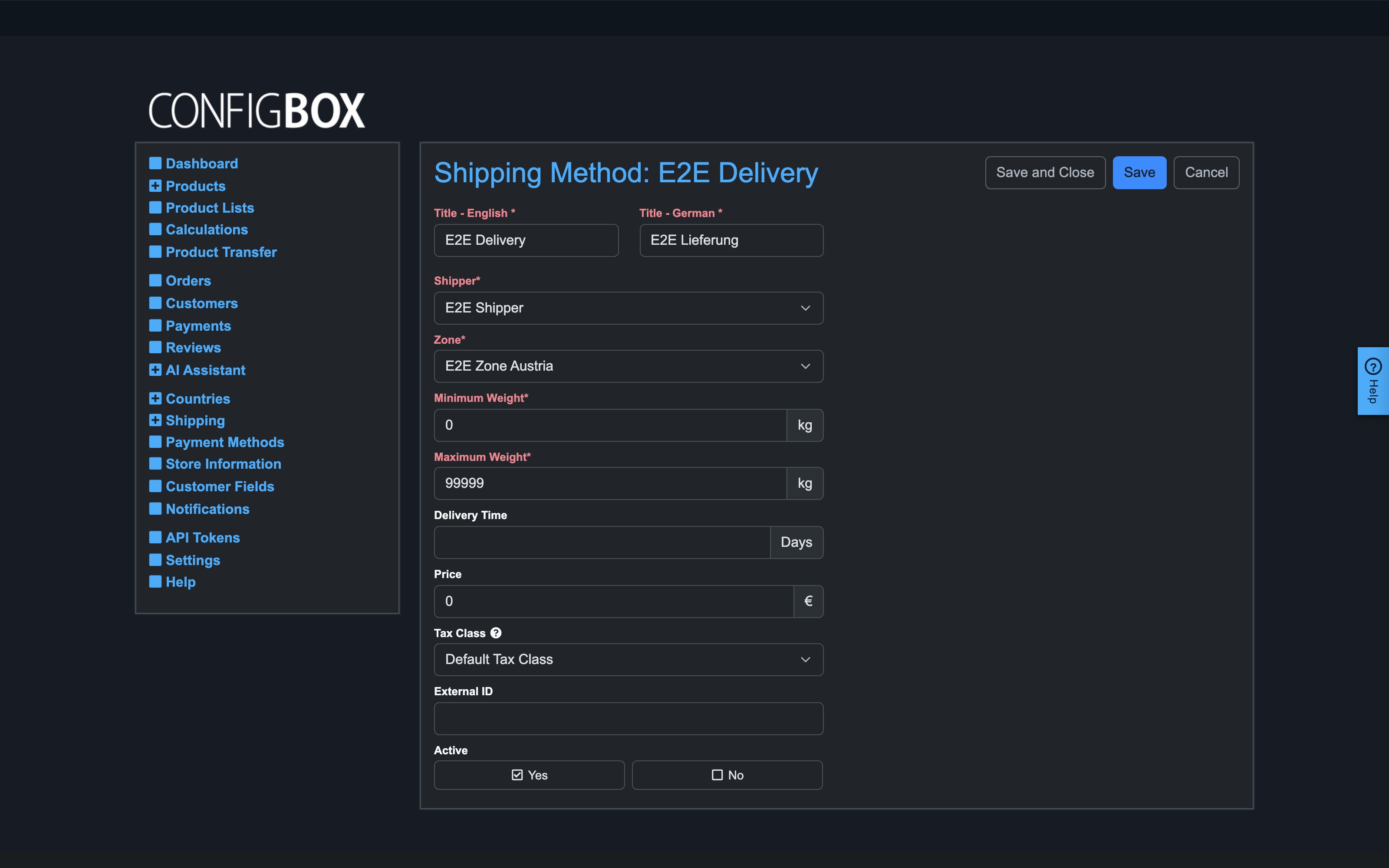 The shipping method form