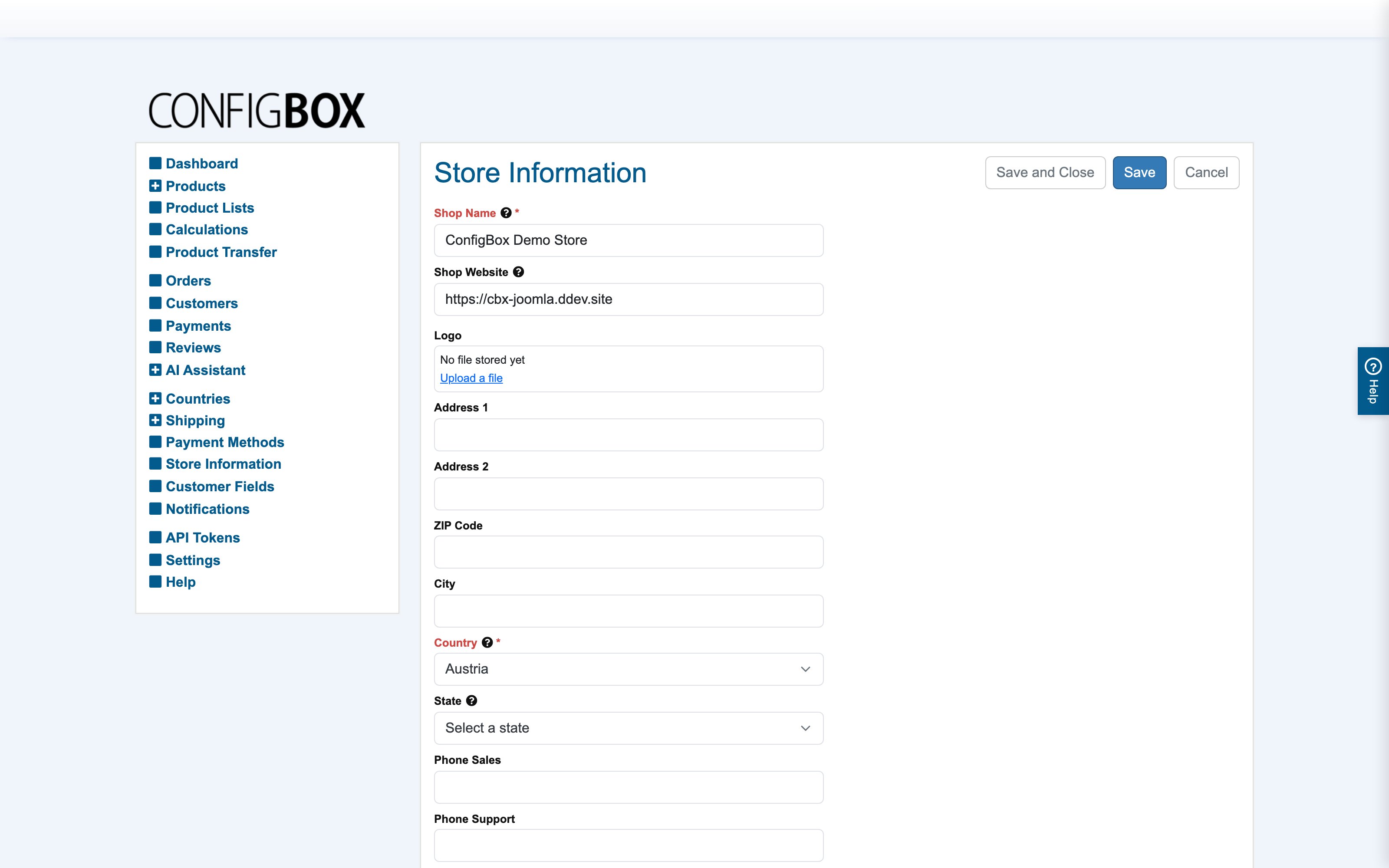 The Store Information screen