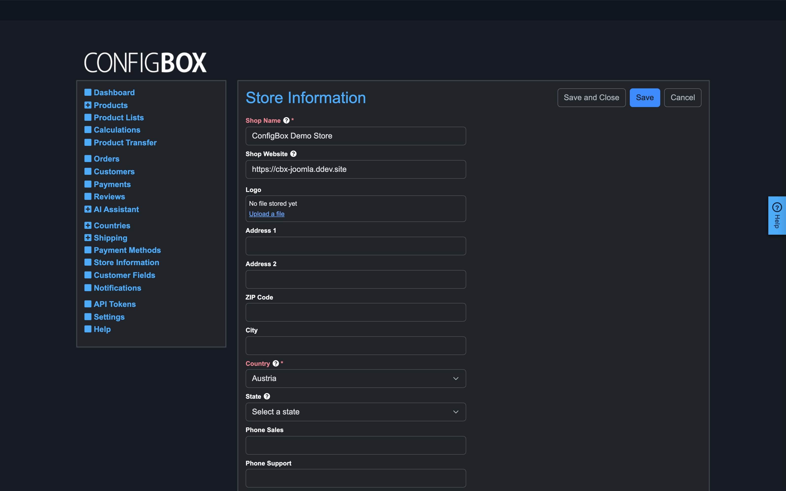 The Store Information screen