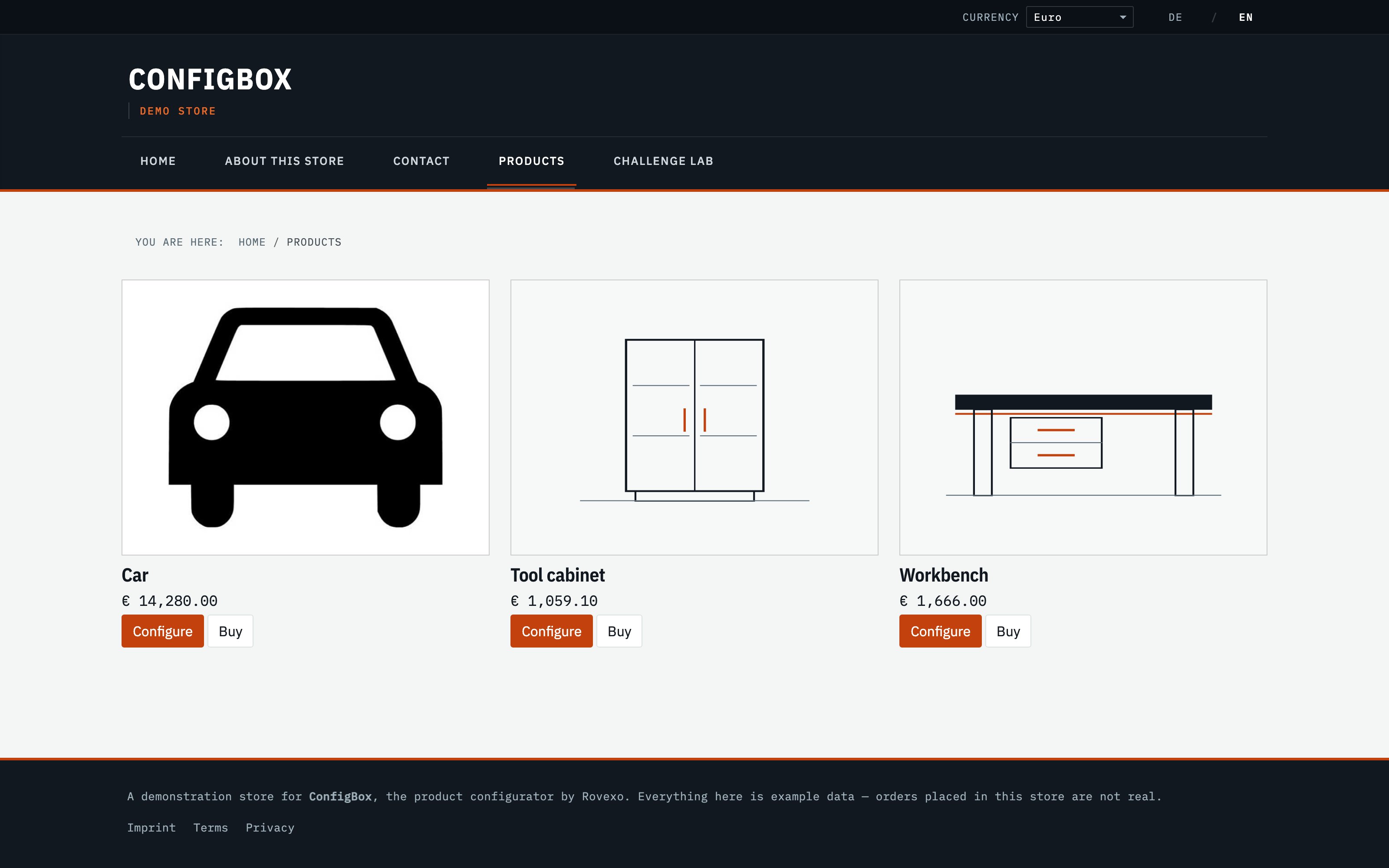 A product list on the storefront