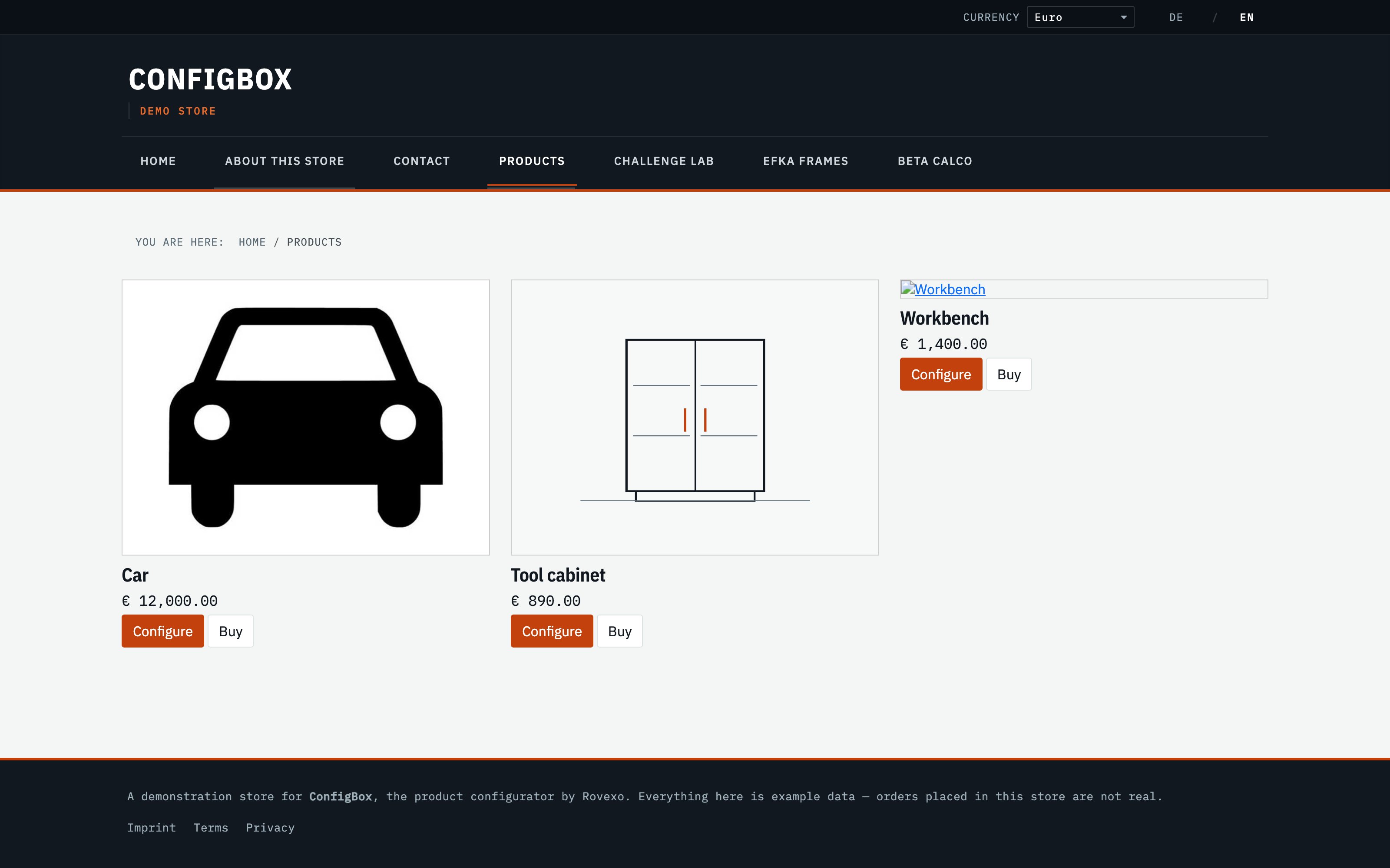 A product list on the storefront