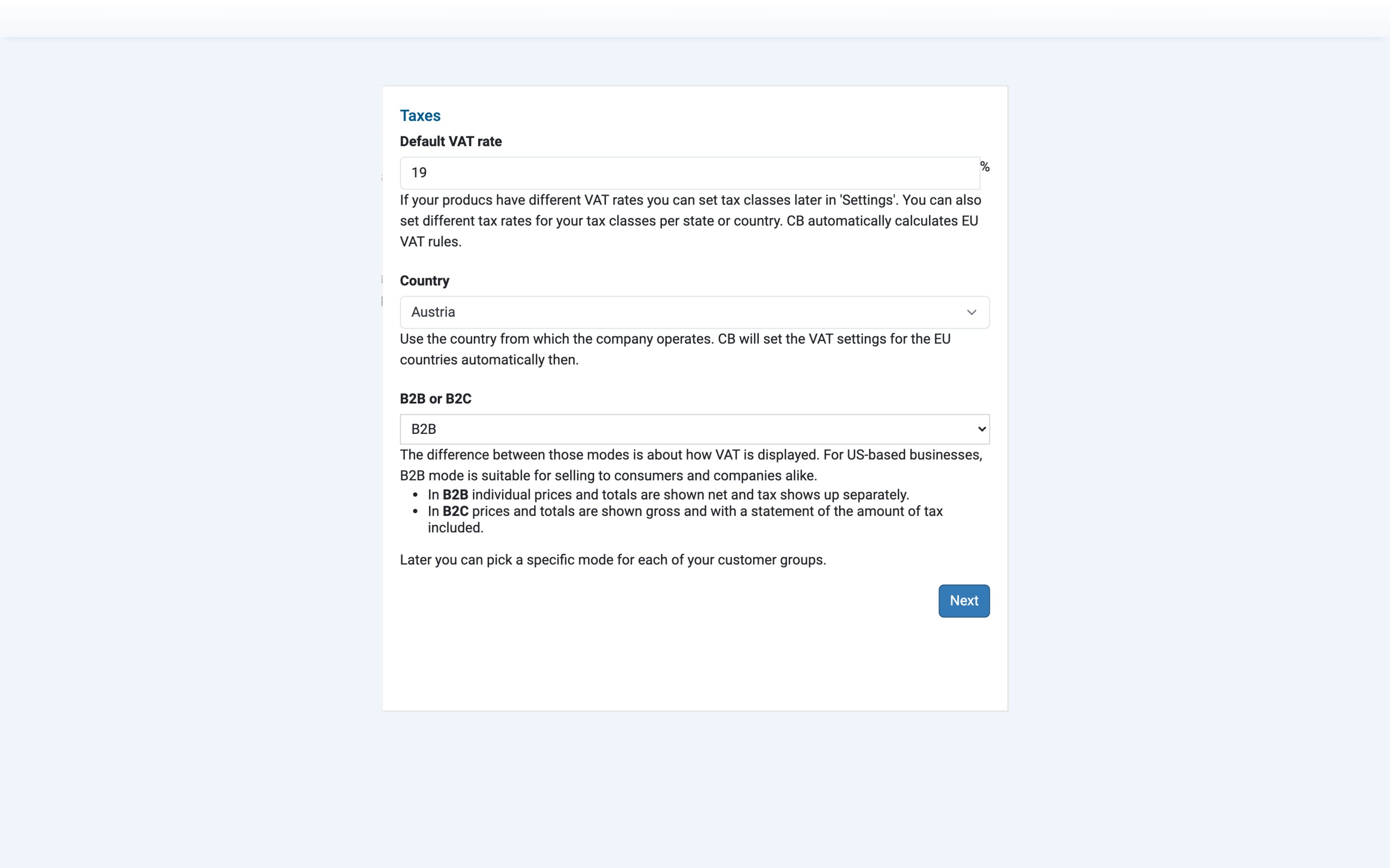 The taxes step, with the B2B/B2C explanation