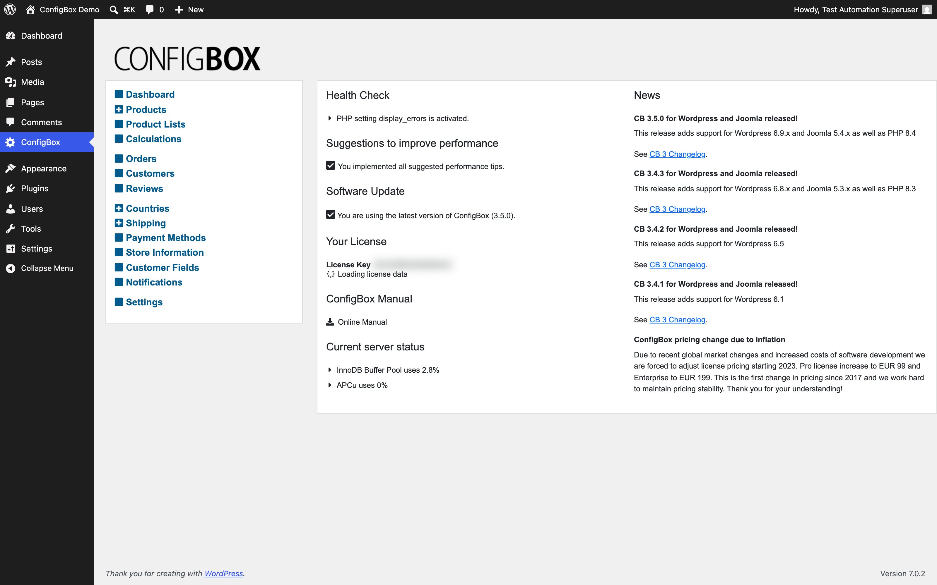 The CBX dashboard inside the WordPress admin